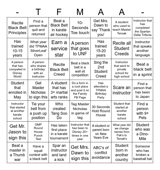 TFMAA Student Challenge Bingo Card