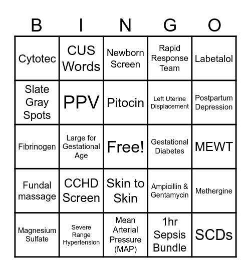 Perinatal Bingo Card