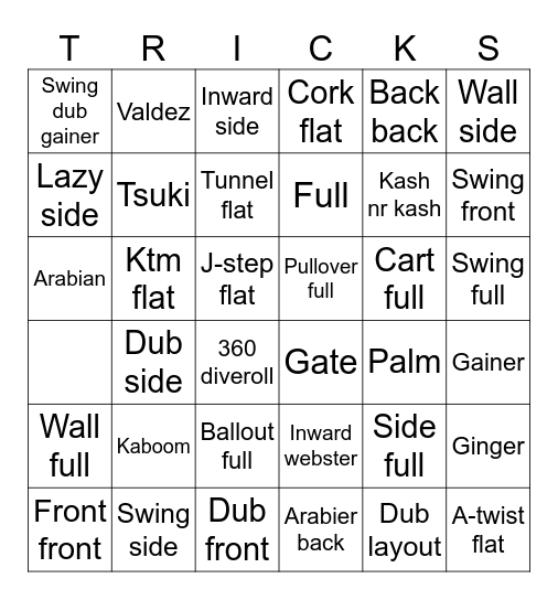 Freerun tricks&flips Bingo Card