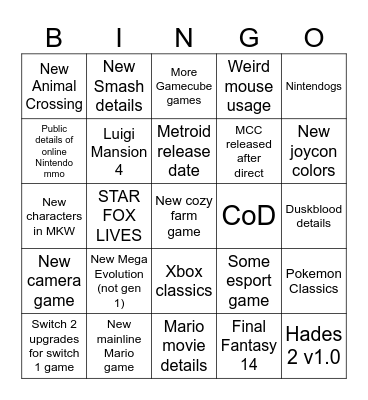 Nintendo Direct Bingo Card