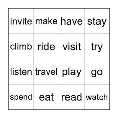 Holiday verbs Bingo Card
