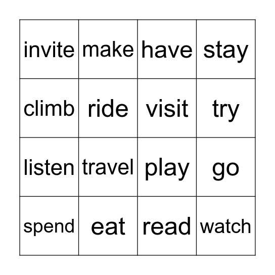 Holiday verbs Bingo Card