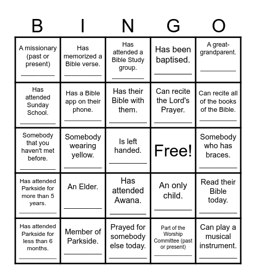 Fellowship Bingo Card