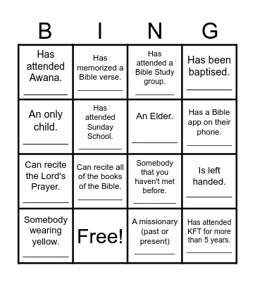 KFT Dallas Fellowship Bingo Card