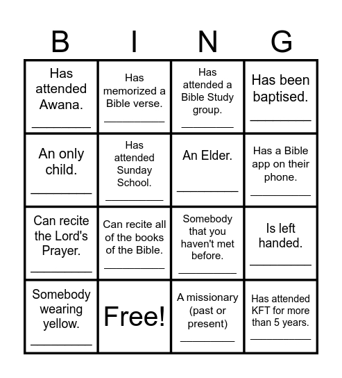 KFT Dallas Fellowship Bingo Card