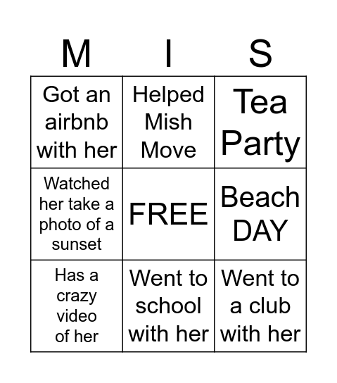 Mish Birthday Bingo Card