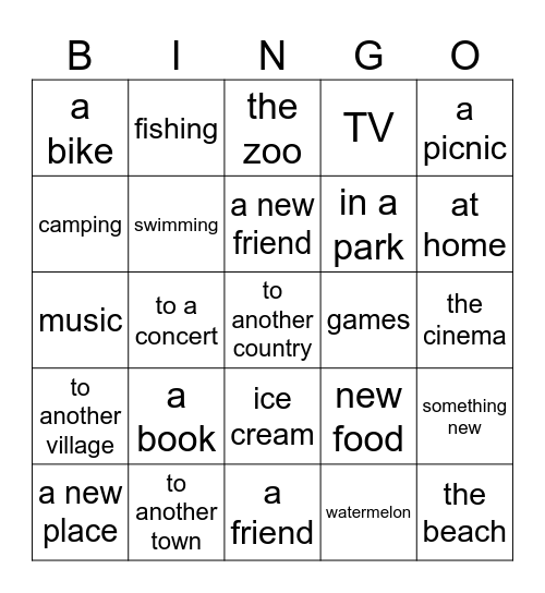 Holiday nouns Bingo Card