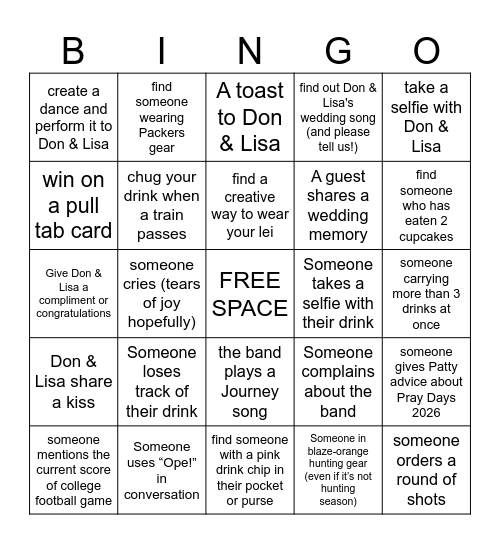 Don & Lisa Anniversary Scavenger Hunt Bingo Card