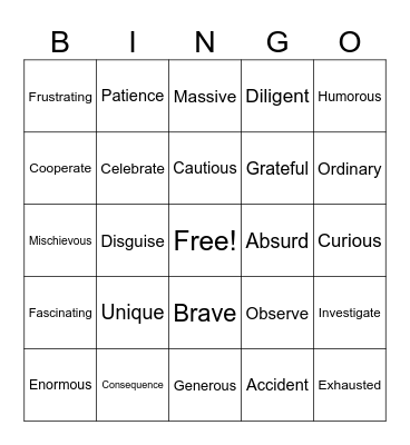 Vocabulary Review #1 Bingo Card