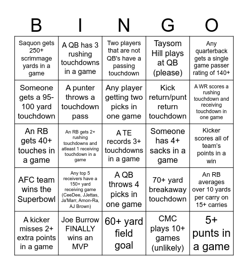 NFL BINGO Card