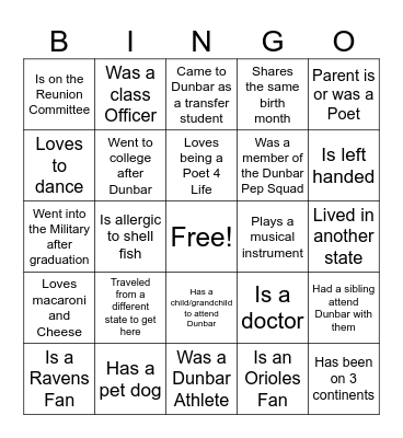 Dunbar Class of 1980 Bingo Card
