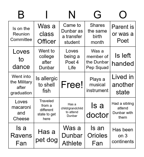 Dunbar Class of 1980 Bingo Card