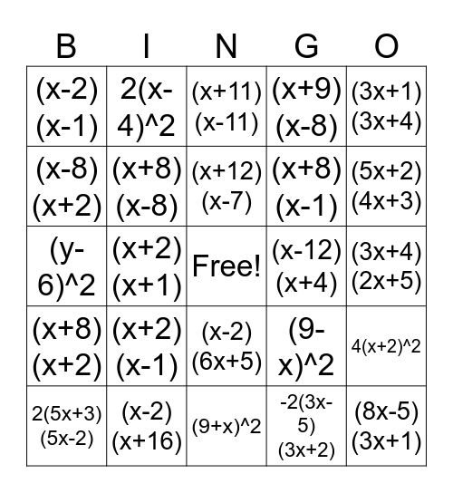 Factoring Bingo Card