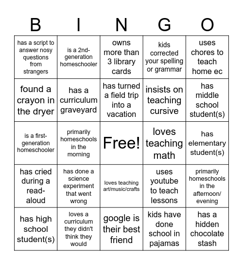 Homeschool Parent Bingo Card