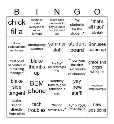 Staff Meeting Bingo Card