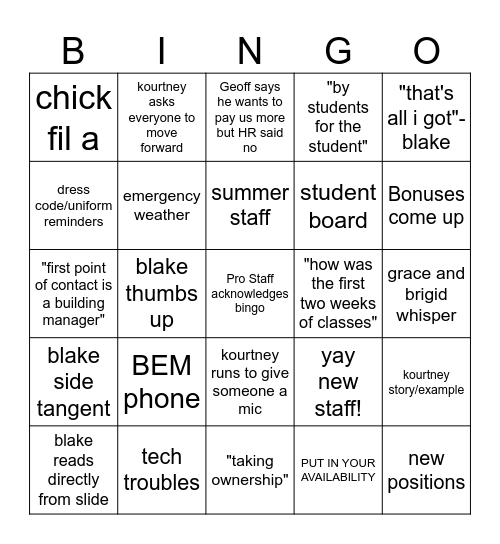Staff Meeting Bingo Card