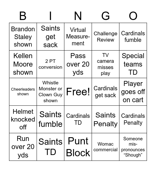 Saints Bingo Card