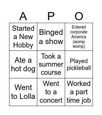 Summer APO Bingo! Bingo Card