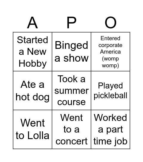 Summer APO Bingo! Bingo Card