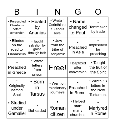 Apostle Paul Bingo Card