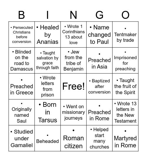 Apostle Paul Bingo Card