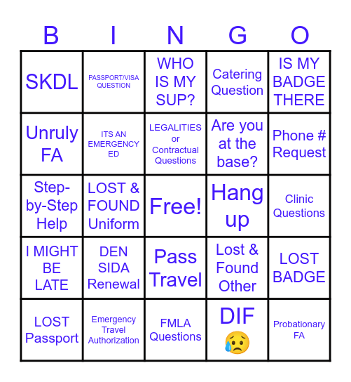 SOD Bingo Card