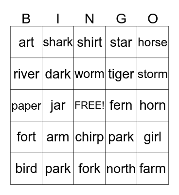 R-controlled vowels Bingo Card