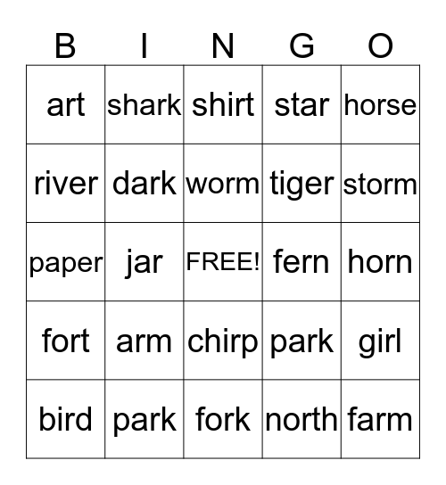 R-controlled vowels Bingo Card