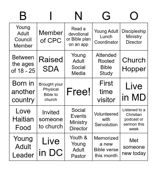 CPC Young Adult Luncheon Bingo Card