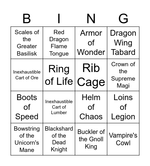 Minor Artifacts Bingo Card