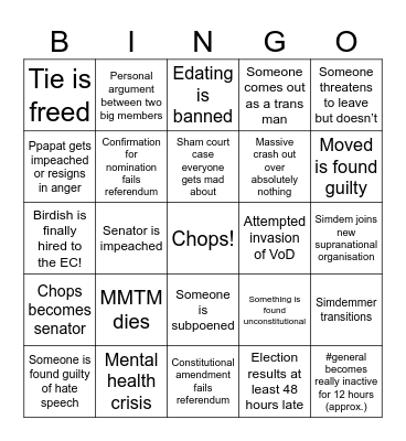SimBingo Chops Bingo Card