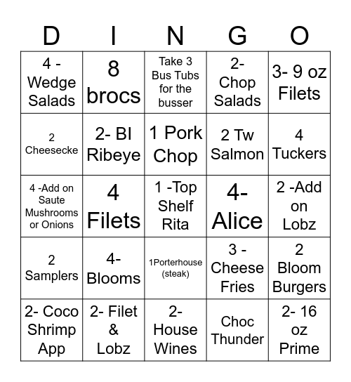 OUTBACK STEAKHOUSE Bingo Card