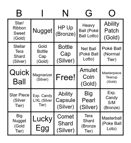 Pokemon Scarlet/Violet Item Printer Bingo Card