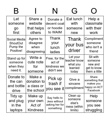 ACTs of Kindness BINGO Card