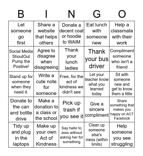 ACTs of Kindness BINGO Card