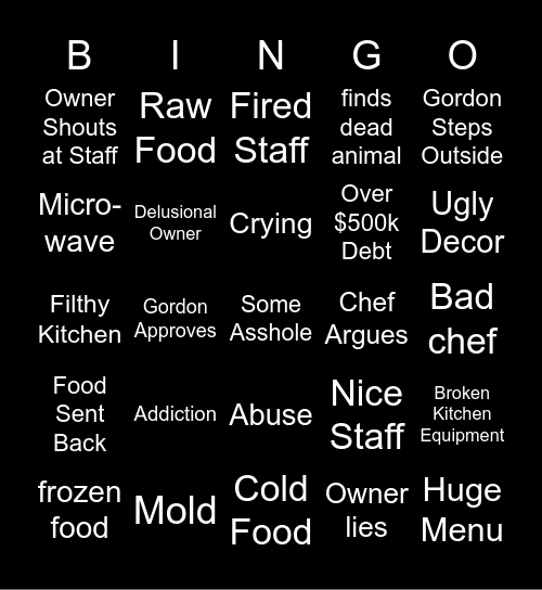 Kitchen Nightmares Bingo Card
