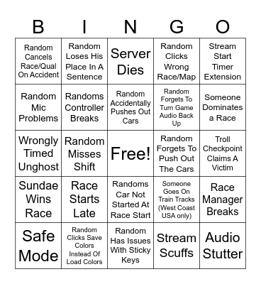 RandomMinds Racing Bingo Card