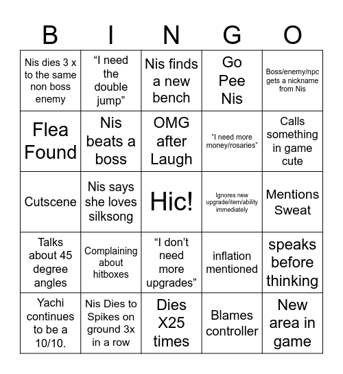 Nis Silksong Bingo Card