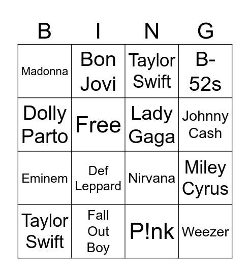 Karaoke Bingo Card
