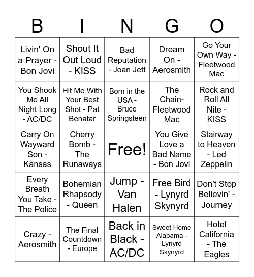 Rock N' Roll Bingo Card