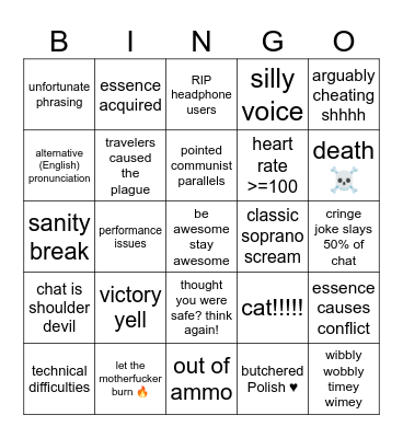 SkillyMcFilly Cronos Stream Bingo Card