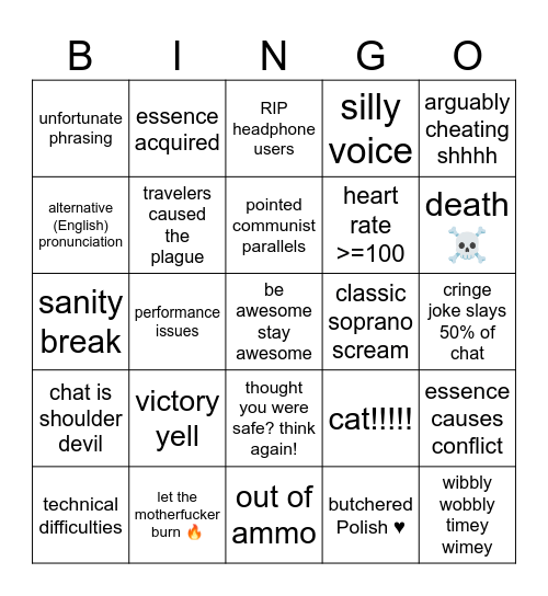 SkillyMcFilly Cronos Stream Bingo Card