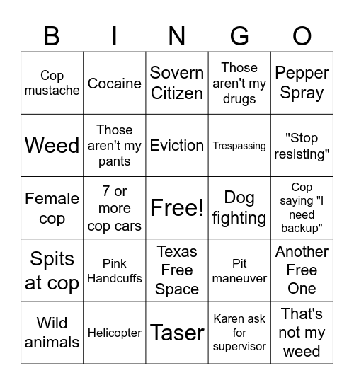 Cops Bingo Card