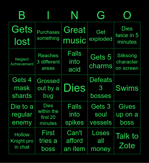 Hollow Knight Bingo Card
