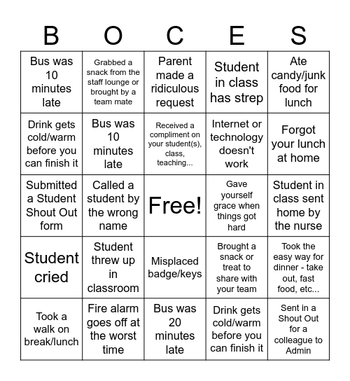 GST BOCES Western End BINGO Card