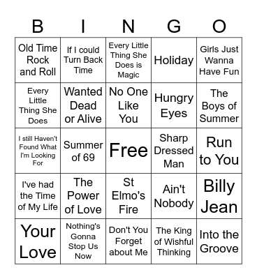 80's Music Bingo Card