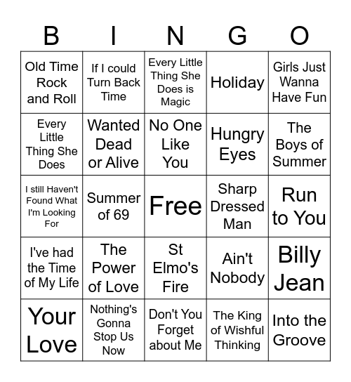 80's Music Bingo Card