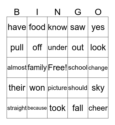 Unit 2 Words Bingo Card