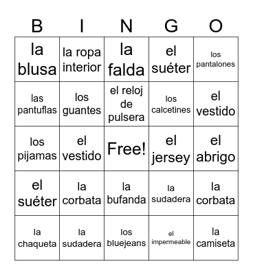 La Ropa Bingo Card