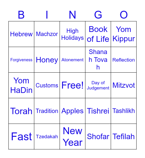 Rosh Hashanah and Yom Kippur Bingo Card